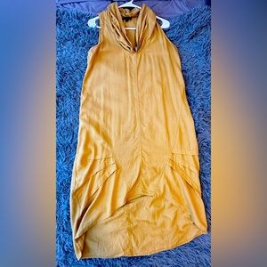 FOR CYNTHIA Linen Blend Dress Cowl Neck Mustard Yellow Boho